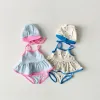 Bademode 2023 Sommer Koreanische Neue Kinder Kinder Strap Badeanzug 3 Pcs Baby Nette Dots Drucken Bademode für Mädchen Bikini Anzug 15 jahre