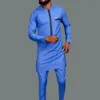 Kaftan verão masculino terno em torno do pescoço de manga comprida calças superiores africano masculino tradicional roupa estilo nacional 2 pçs conjuntos de roupas 240223