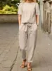 Pantaloni a due pezzi da donna ZANZEA Camicetta a maniche corte da donna estiva Pantaloni stile harem Set 2 pezzi Tuta solida Set a due pezzi Completo ampio Set abbinati casual