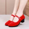 Dress Shoes Women Pumps Cute Black Cloth Dance Lady Casual Comfortable Ballet Cool Chunky Middle Heel Solid Tacones