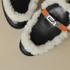 Pantoufles en cuir véritable polaire berbère, talons bas, bouton métallique, noir, Orange, chaussures chaudes d'automne et d'hiver pour femmes