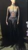 Stage Wear Nightclub Bar Singer Evening Performance Glisten Crystals Black Voile Long Dress Women Party Mesh Sexy Host Costu