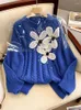 Women's Sweaters Fashion Handmade Pearls Beading Diamond Big Flower Sweater Loose Stitching Floral Twist Pullover Jumpers Tops