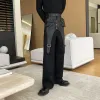 Pants NOYMEI Niche Design PU Leather Patchwork Casual Trousers Straight Wide Leg Pants Autumn Pockets Black 2024 Temperament WA2655