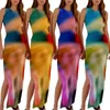 Robes décontractées Femmes Tie Dye Imprimer Robe longue Été Sans manches Tricot Stretch Maxi Femme Sexy Bodycon Cuisse Split Sundress Tenues