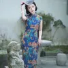 Этническая одежда, платье Ципао в стиле ретро, женское вечернее платье с воротником-стойкой, Cheongsam, винтажное платье на пуговицах, платье в китайском стиле с разрезом по бокам