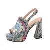 Kleidschuhe Ethnischer Stil Paisley-Muster Super Dicker Absatz Sandalen Wasserdichte Plattform Offene Spitze Bedrucktes Stoffmaterial Peep Damen