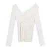 Frans design wollen ondertop voor dames, lentetrend, gebreide trui met één schouder en lange mouwen