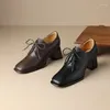 Chaussures de robe Eagsity Luxulry Cuir de vache Marron Lacets Oxford Derby Chunky Talon Femmes Pompes Fête Danse Travail de mariage