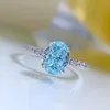 Handmade Ins Sweet Cute Wedding Rings Simple Fine Jewelry Soild 100% 925 Sterling Silver Oval Cut Natural Aquamarine Mosonite Eternity Women Bridal Ring Gift