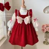 Комплекты одежды для девочек, осенне-рождественский костюм принцессы, красный плюшевый утепленный верх и низ, детская зимняя юбка, комплект из двух предметов