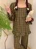 Vêtements de nuit pour femmes Vintage Plaid Automne Pyjamas Set Femmes Couple Lovers Chemises Pantalon Coton Harajuku Coréen Home Costume Casual Kaki