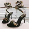 Rene Caovilla Roxanne Rhinestones Black Sandal female Black Luxurvs Designer shoes heels Paris Dress Classics Women 9.5cm Heels Slingback Snake Strass Evening