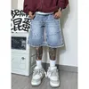 Shorts masculinos americanos high street perna larga denim verão 2024 moda casual baggy jeans curto masculino chique rebarbas roupas