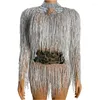 Stage Wear Miroir Gland Body Mesh Transparent Dos Nu Jazz Danse Costume Discothèque Femme DJ Chanteur Danseur Performance Fringe Justaucorps