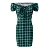 Casual Dresses Women's Plaid Print kjolklänning med lös axel Sexig påse skinkor kvinnor