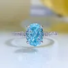 Handmade Ins Sweet Cute Wedding Rings Simple Fine Jewelry Soild 100% 925 Sterling Silver Oval Cut Natural Aquamarine Mosonite Eternity Women Bridal Ring Gift