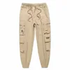 Men's Pants Men Winter Cargo Elastic Waist Drawstring Trousers Thick Fleece Lining Multi