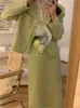 가을 녹색 트위드 2 조각 세트 여성 스커트 한국 패션 롱 슬리브 재킷 미디 스커트 슈트 빈티지 팜메 2 조각 의상 240220