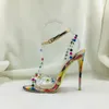 Sandals Multi-color Beaded Clear PVC T Strap High Heel Sexy Plaide Printed Leather Ankle Gladiator Heels Banquet Shoes