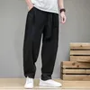 Primavera algodão linho calças masculinas cintura elástica casual harem pant solto moletom tradicional chinês pantalons homme 240220