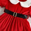 Mädchen Kleider Weihnachten A-Linie Kleid für Kinder Baby Mädchen Winter Mode Rot Samt Kurzarm Puppe Kragen Prinzessin mit Gürtel Hut