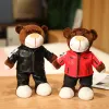 Kussens Creatieve motorfiets teddybeer pluche speelgoed gevulde beer met helmjack kleding pluche poppen zacht kussen kinderen jongens cadeau cadeau