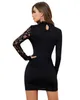 Casual Dresses Elegant Women's Wrap Hip Dress 2024 Fashion Glitter High Neck Sexy Lace Hollow Knit Fabric Long Sleeve Mini Party Females