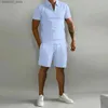 Men's Tracksuits Summer casual mens two-piece short sleeved zippered polo shirt and shorts set mens Hawaii solid color two-piece set Q240228