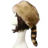 Berets Plush Russian Flat Top Hat Winter Mongolian Thicken Raccoon Tail For Adult Teens Keep Warm