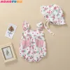 Jackor 2022 Nyfödda 2 st barnflickor Summer Sunsuit Floral Print Princess Rompers+Sun Hat Kort set Spädbarnsutrustning Jumpsuitkläder