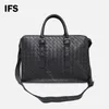 Design Men's Business Leisure High End Woven Leather Portable Briefcase Large Capacity Zipper Single Shoulder Crossbody Commuter Tote File Bag Black