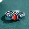 Clusterringen Blauw Emaille Lotusbloemring Teardrop Rode Agaat Cabochon 925 Sterling Zilver Natuursteen Chinese Etnische Sieraden voor vrouwen