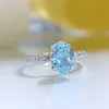 Handmade Ins Sweet Cute Wedding Rings Simple Fine Jewelry Soild 100% 925 Sterling Silver Oval Cut Natural Aquamarine Mosonite Eternity Women Bridal Ring Gift