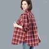 Blusas femininas 2024 casual elegante camisas femininas polo-pescoço moda manga longa solta xadrez impressão de alta qualidade topos t224