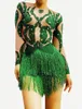 Stage Wear Sexy Nightclub Bar DJ Dancer Fringe Leotard Green Diamond Tassel Tight Bodysuit Latin Pole Dance Performance