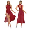 Palco desgaste mulheres sem mangas vestido de cor sólida dancewear strass split retalhos collant vestidos lyrical dança trajes de desempenho