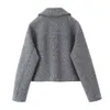 TRAF Tweed Cropped Jacket Women Grey Zip Oversize Woman Long Sleeve Casual Jackets for Streetwear Soft Coats 240226