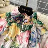 Casual Dresses Gorgeous Flower Blooming Maxi Dress Women's Stand Lantern Sleeve Single Breasted Floral Print Belt Lace Up Linen Long