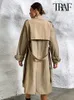 여성용 벨트가있는 트래프-유리 가슴 트렌치 코트 긴 소매 전면 웰트 포켓 암컷 겉옷 세련된 의류 패션 240228