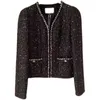 Spring Vneck Long Sleeve Cardigan Woven Tweed Wool Sequins Small Fragrant Short Coat Women 240226