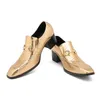 Robe chaussures luxe doré affaires en cuir véritable bout carré talons hauts sans lacet hommes formel mode fête/mariage