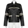 IAMTY Vintage Contrast Striped Zipper Leather Jacket Black Street Style Loose Cardigan Y2K Oversized Coat Autumn Winter Women 240222