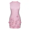 Casual Dresses Bevenccel 2024 Women's Pink 3D Flower Sexig ärmlös rund hals tät miniklänning Slim Fit Elegant Celebrity Party