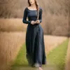 Casual Kleider Vintage Langarm Schatz Kleid Für Frauen Frühling Herbst Solide Panel Gericht Plus Größe Gothic Robe