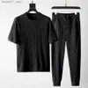 Men's Tracksuits Mens Fashion Classic Set Summer Top Solid Color Pocket Elastic Breathable O-Neck Folded Shirt+Office Clothing Q240228