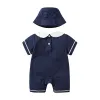 Jackor sommar baby bodysuits spädbarn peter pan krage romer med hatt småbarn kort ärm jumpsuits marinblå baby pojke flicka kläder