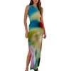 Robes décontractées Femmes Tie Dye Imprimer Robe longue Été Sans manches Tricot Stretch Maxi Femme Sexy Bodycon Cuisse Split Sundress Tenues