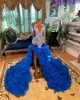 Robe de bal longue bleu Royal pour filles noires, avec pompon en cristal perlé, robe de fête d'anniversaire, paillettes, volants, fente haute, robes de soirée, 2024