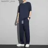 Tracki męskie nowe lodowe jedwabne setki sportowe męskie cienkie dres Mężczyźni 2024 Casual Long Pants T-shirt krótkie rękawie